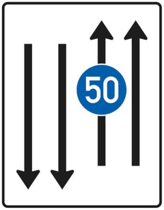 Verkehrszeichen526-33 Fahrstreifentafel – mit Gegenverkehr und mit integriertem Zeichen 275 – zweistreifig in Fahrtrichtung und zweistreifig in Gegenrichtung - 1600x1250 3 mm RA1