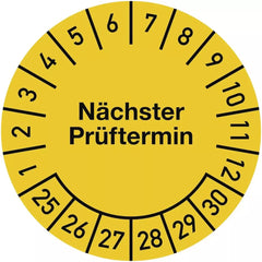 Prüfplakette Nächster Prüftermin 2025-2030, Folie, gelb, Ø 20 mm, 500 Stück/Rolle