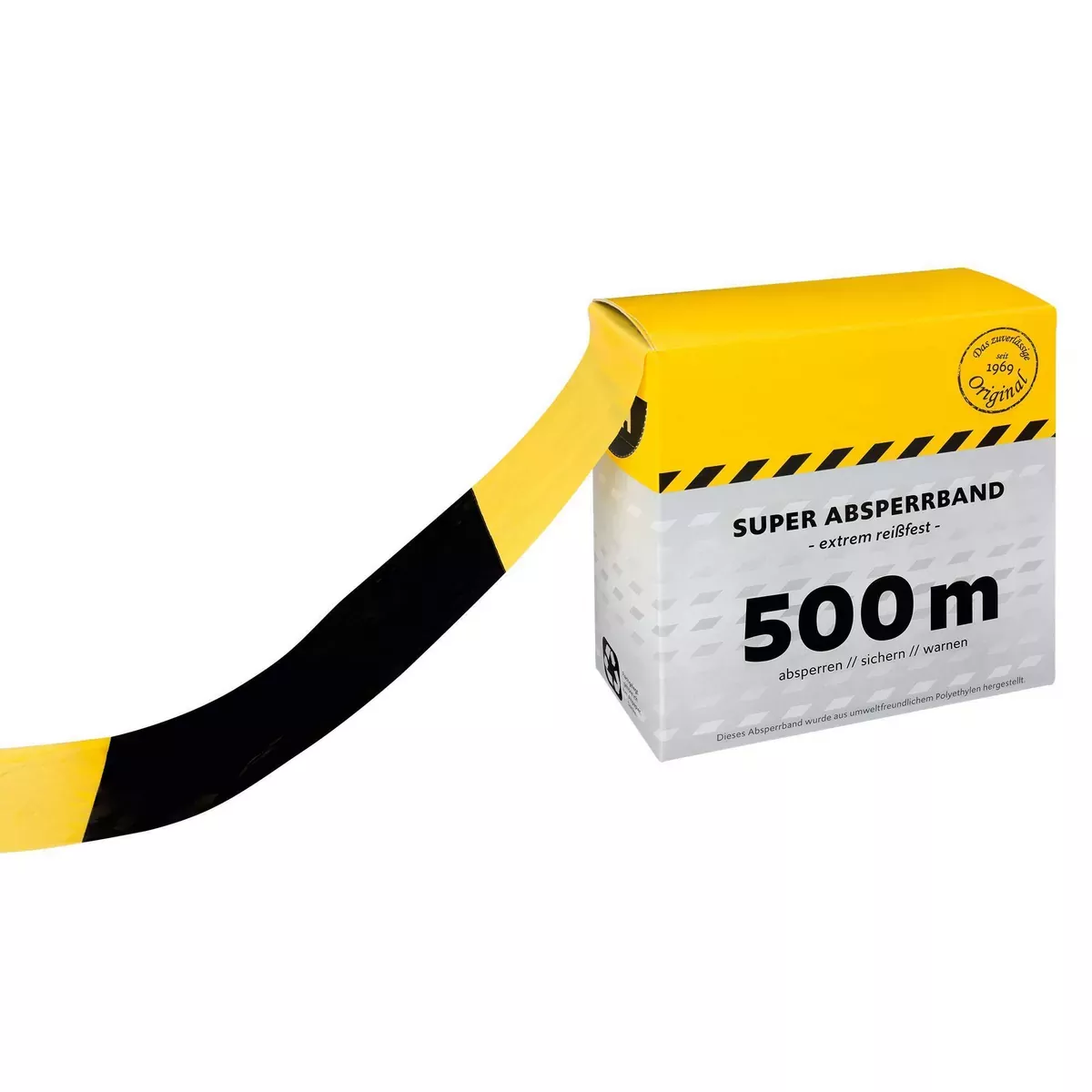 Absperrband aus Polyethylenfolie, beidseitig schwarz-gelb geblockt, im Abrollkarton, 500 m
